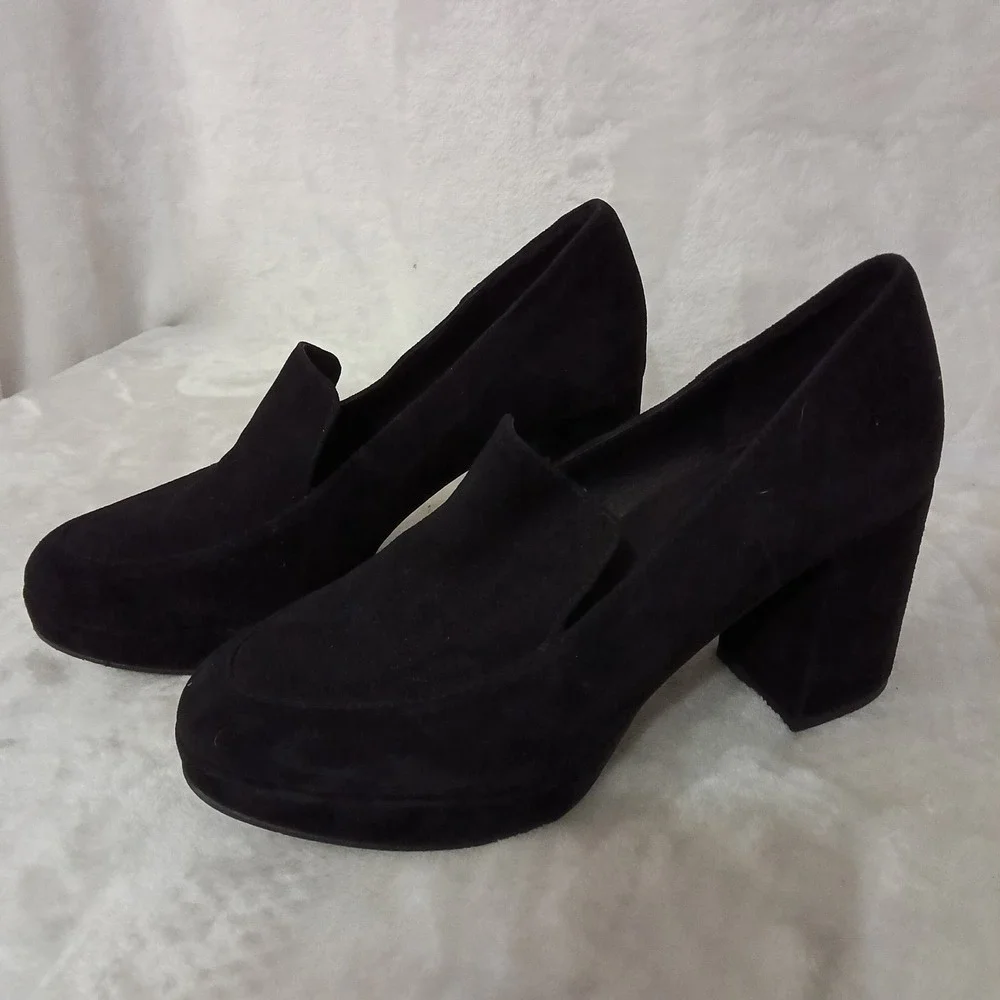 Eileen Fisher Black Suede Platform Block Heel Loafers Vero Cuio Size 7.5